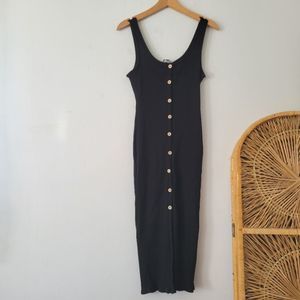 Lulu's Look of Leisure Black Ribbed Button Front Midi Dress Bodycon L